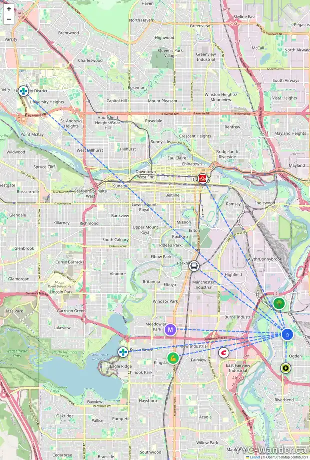 Daily accessibility map for 6603 19 ST SE, Calgary showing nearby schools, grocery stores, parks, LRT stations and nearby amenities