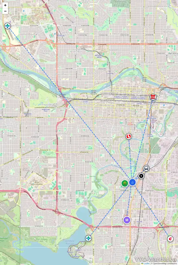 Daily accessibility map for 344 46 AV SW, Calgary showing nearby schools, grocery stores, parks, LRT stations and nearby amenities