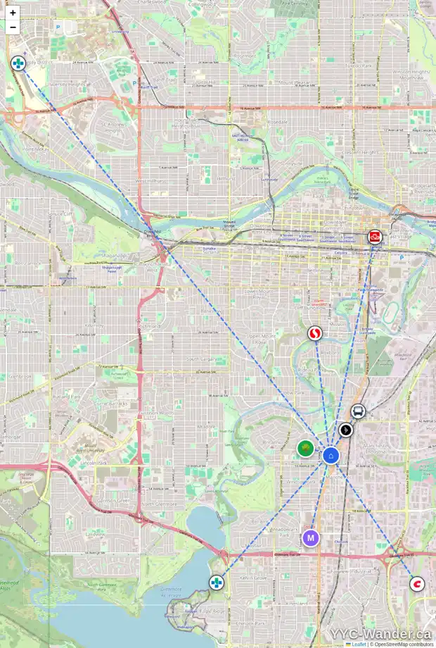 Daily accessibility map for 4727 STANLEY RD SW, Calgary showing nearby schools, grocery stores, parks, LRT stations and nearby amenities