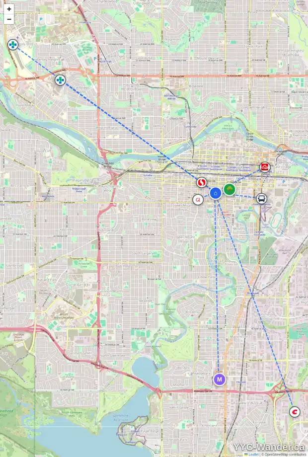 Daily accessibility map for 1203 626 14 AV SW, Calgary showing nearby schools, grocery stores, parks, LRT stations and nearby amenities