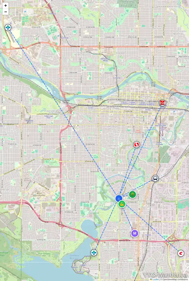 Daily accessibility map for 8 4907 8 ST SW, Calgary showing nearby schools, grocery stores, parks, LRT stations and nearby amenities