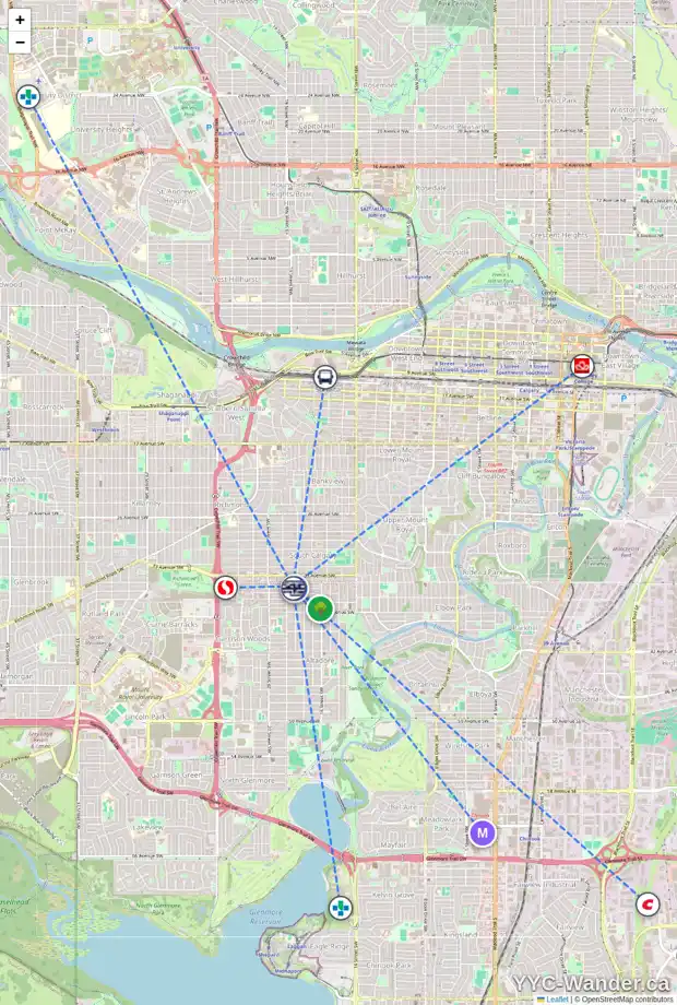 Daily accessibility map for 3 3501A 18 ST SW, Calgary showing nearby schools, grocery stores, parks, LRT stations and nearby amenities