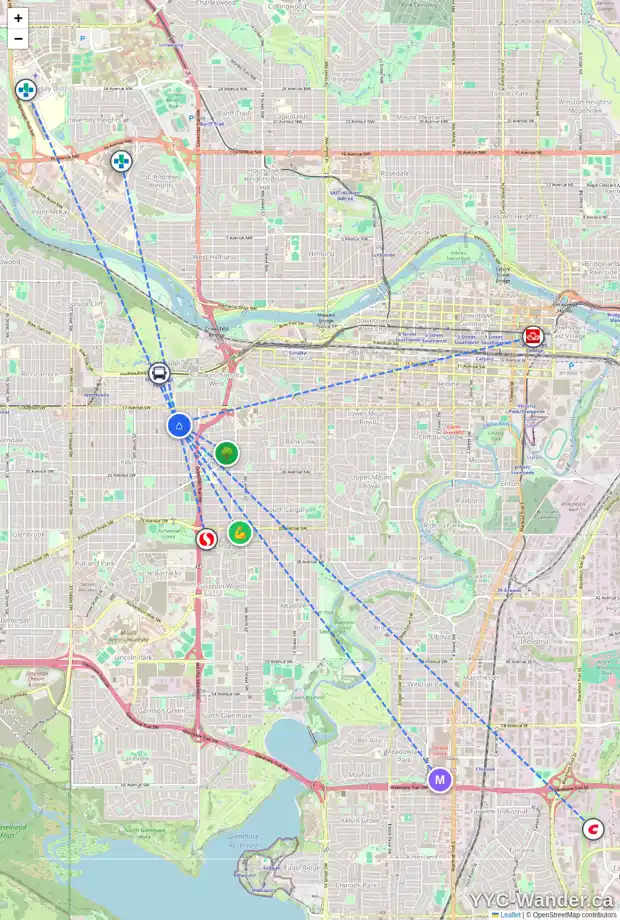 Daily accessibility map for 2008 25A ST SW, Calgary showing nearby schools, grocery stores, parks, LRT stations and nearby amenities