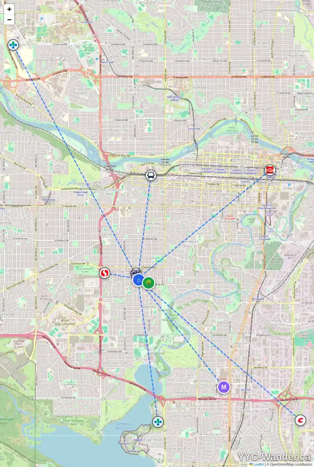 Daily accessibility map for 1822 37 AV SW, Calgary showing nearby schools, grocery stores, parks, LRT stations and nearby amenities