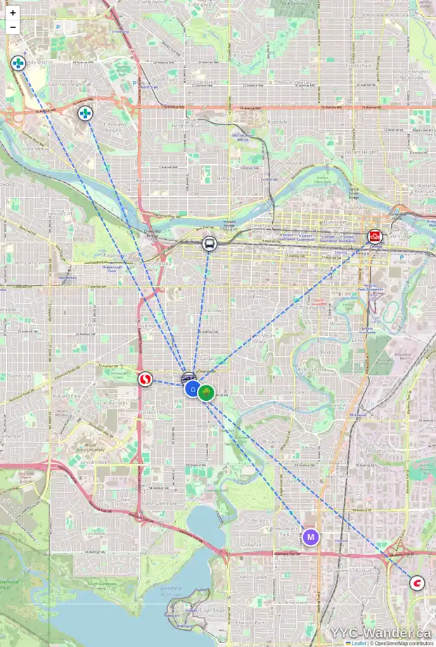 Daily accessibility map for 1820 37 AV SW, Calgary showing nearby schools, grocery stores, parks, LRT stations and nearby amenities