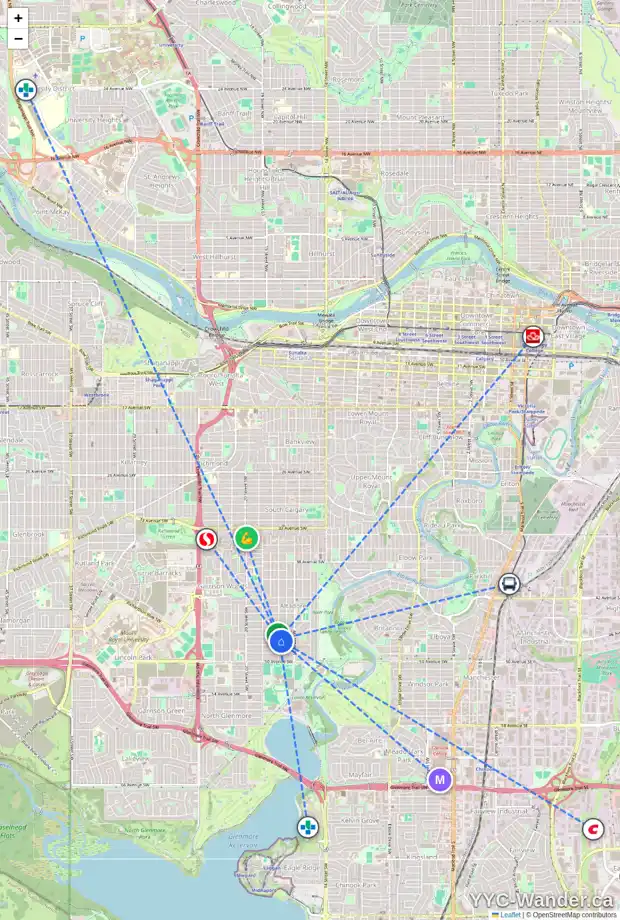 Daily accessibility map for 1747 47 AV SW, Calgary showing nearby schools, grocery stores, parks, LRT stations and nearby amenities