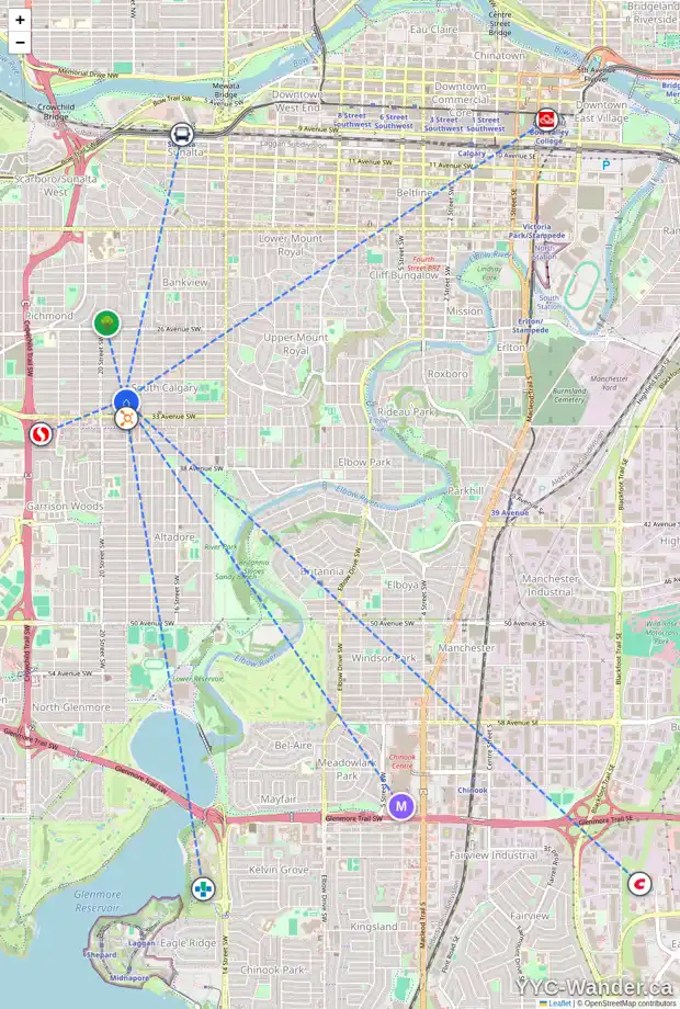 Daily accessibility map for 1938 32 AV SW, Calgary showing nearby schools, grocery stores, parks, LRT stations and nearby amenities
