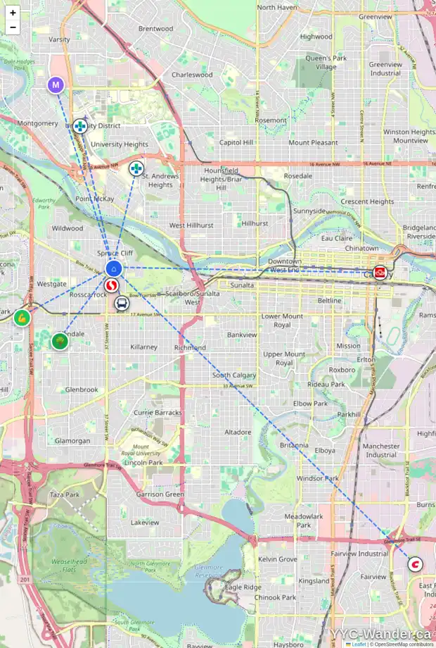 Daily accessibility map for 620 36 ST SW, Calgary showing nearby schools, grocery stores, parks, LRT stations and nearby amenities