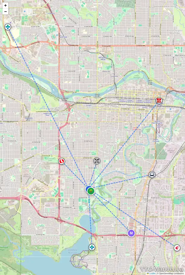 Daily accessibility map for 4706 16 ST SW, Calgary showing nearby schools, grocery stores, parks, LRT stations and nearby amenities