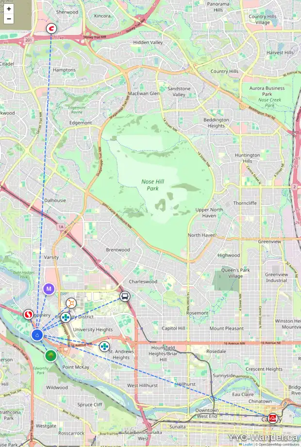 Daily accessibility map for 4607 MONTEREY AV NW, Calgary showing nearby schools, grocery stores, parks, LRT stations and nearby amenities