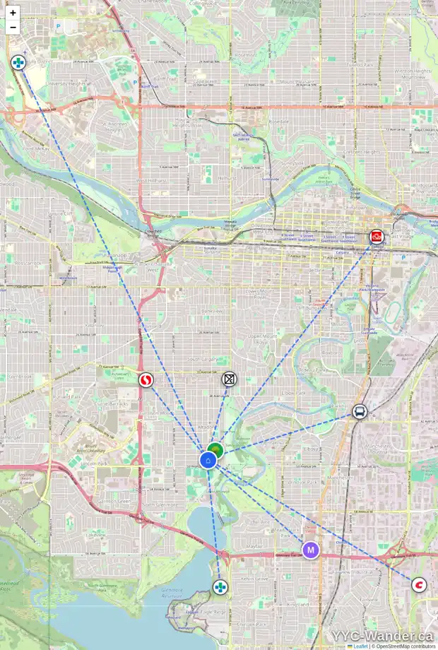 Daily accessibility map for 1702 49 AV SW, Calgary showing nearby schools, grocery stores, parks, LRT stations and nearby amenities