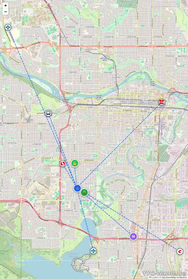 Daily accessibility map for 2028 45 AV SW, Calgary showing nearby schools, grocery stores, parks, LRT stations and nearby amenities