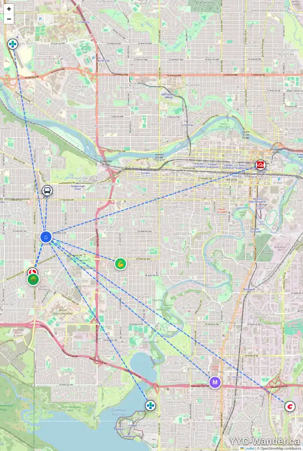 Daily accessibility map for 2819 34 ST SW, Calgary showing nearby schools, grocery stores, parks, LRT stations and nearby amenities