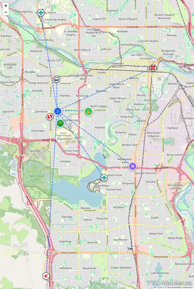 Daily accessibility map for 3439 33 ST SW, Calgary showing nearby schools, grocery stores, parks, LRT stations and nearby amenities
