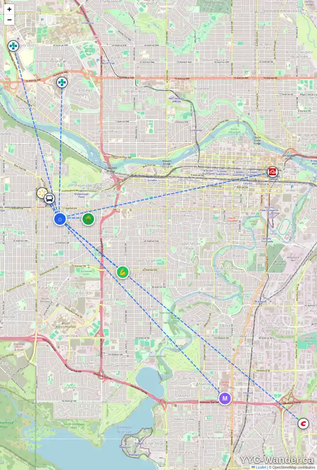 Daily accessibility map for 2017 31 ST SW, Calgary showing nearby schools, grocery stores, parks, LRT stations and nearby amenities