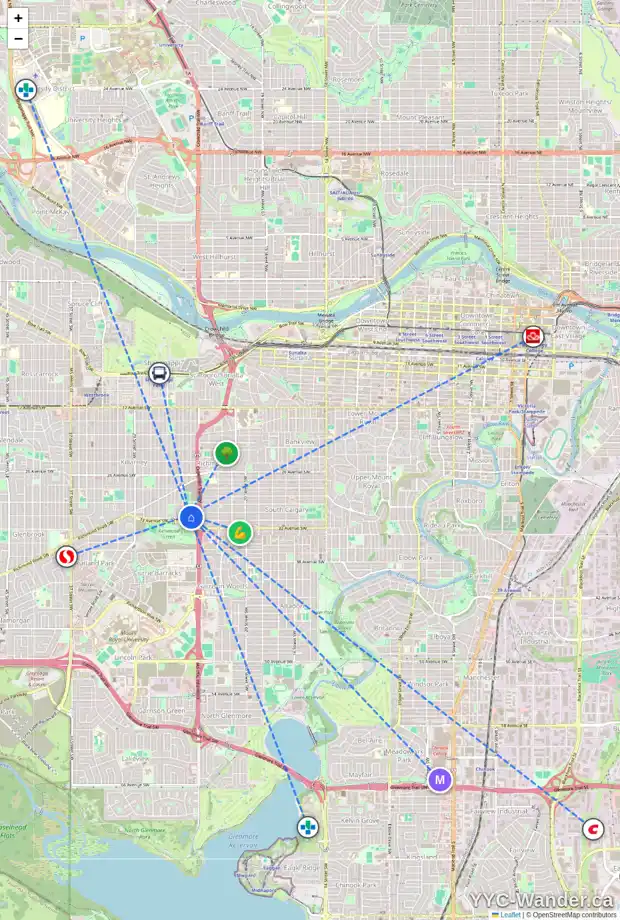 Daily accessibility map for 3231 24A ST SW, Calgary showing nearby schools, grocery stores, parks, LRT stations and nearby amenities