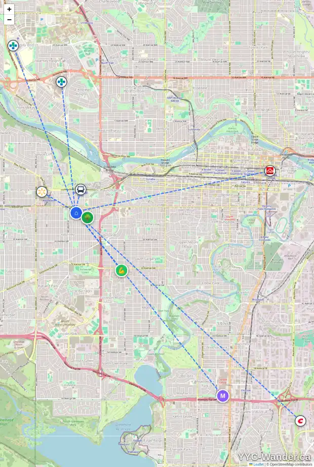 Daily accessibility map for 1929 27 ST SW, Calgary showing nearby schools, grocery stores, parks, LRT stations and nearby amenities