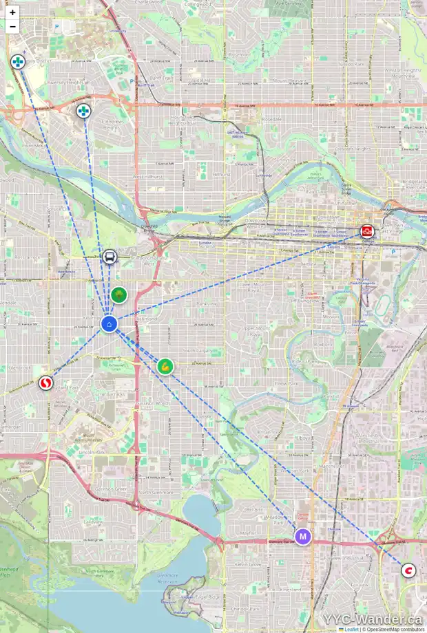 Daily accessibility map for 2621 26A ST SW, Calgary showing nearby schools, grocery stores, parks, LRT stations and nearby amenities