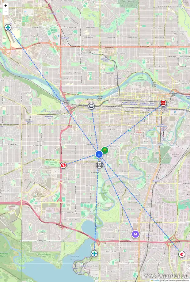 Daily accessibility map for 1516 30 AV SW, Calgary showing nearby schools, grocery stores, parks, LRT stations and nearby amenities
