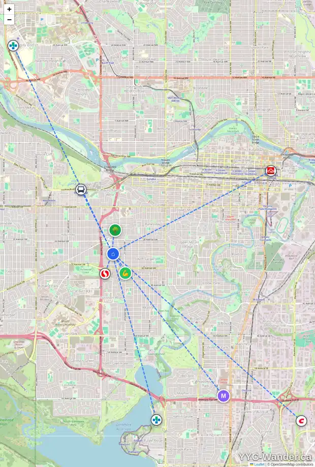 Daily accessibility map for 2235 29 AV SW, Calgary showing nearby schools, grocery stores, parks, LRT stations and nearby amenities