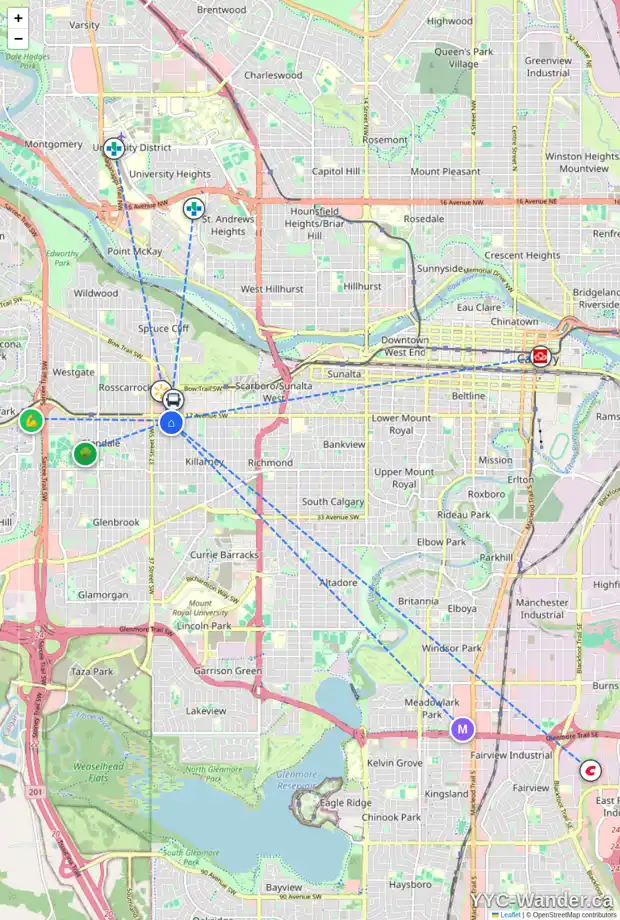 Daily accessibility map for 2 1917 34 ST SW, Calgary showing nearby schools, grocery stores, parks, LRT stations and nearby amenities