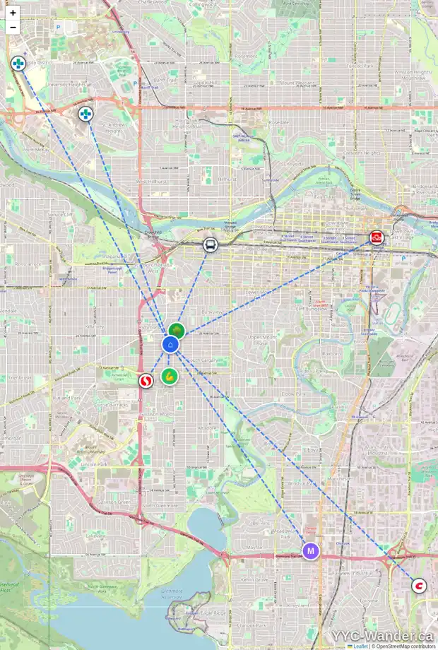 Daily accessibility map for 2120 28 AV SW, Calgary showing nearby schools, grocery stores, parks, LRT stations and nearby amenities