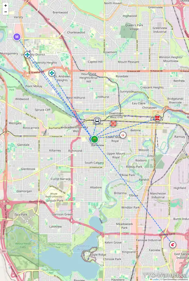 Daily accessibility map for 1827 17A ST SW, Calgary showing nearby schools, grocery stores, parks, LRT stations and nearby amenities