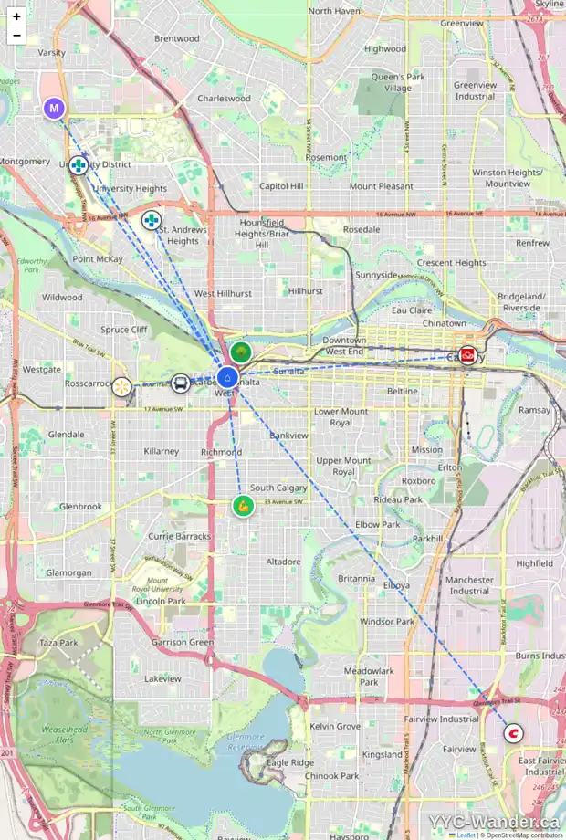 Daily accessibility map for 1116 SURREY ST SW, Calgary showing nearby schools, grocery stores, parks, LRT stations and nearby amenities