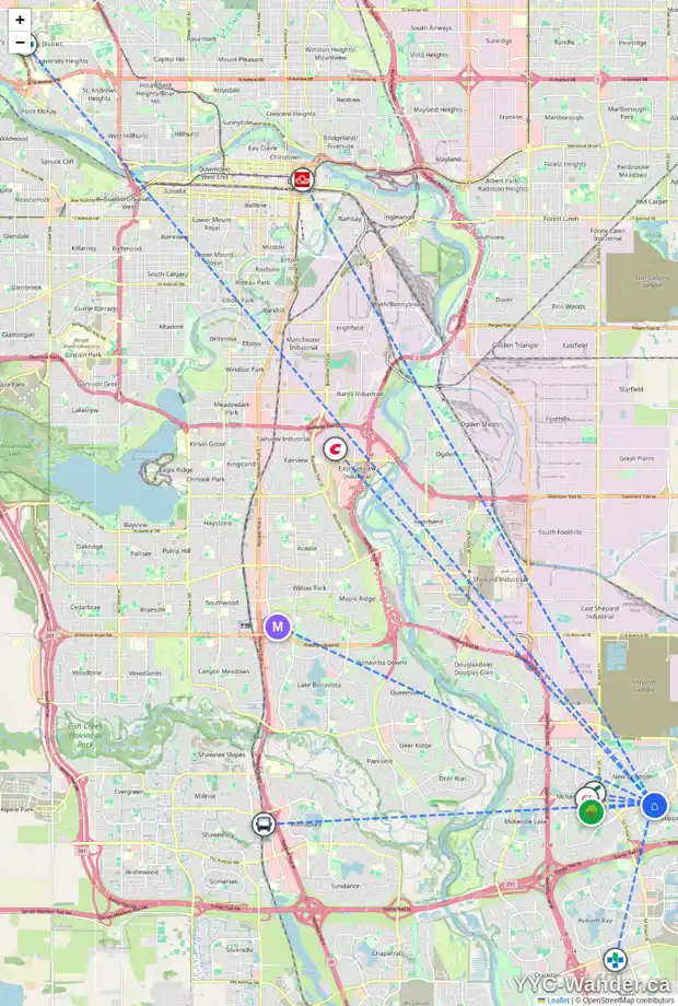 Daily accessibility map for 458 130 NEW BRIGHTON WY SE, Calgary showing nearby schools, grocery stores, parks, LRT stations and nearby amenities
