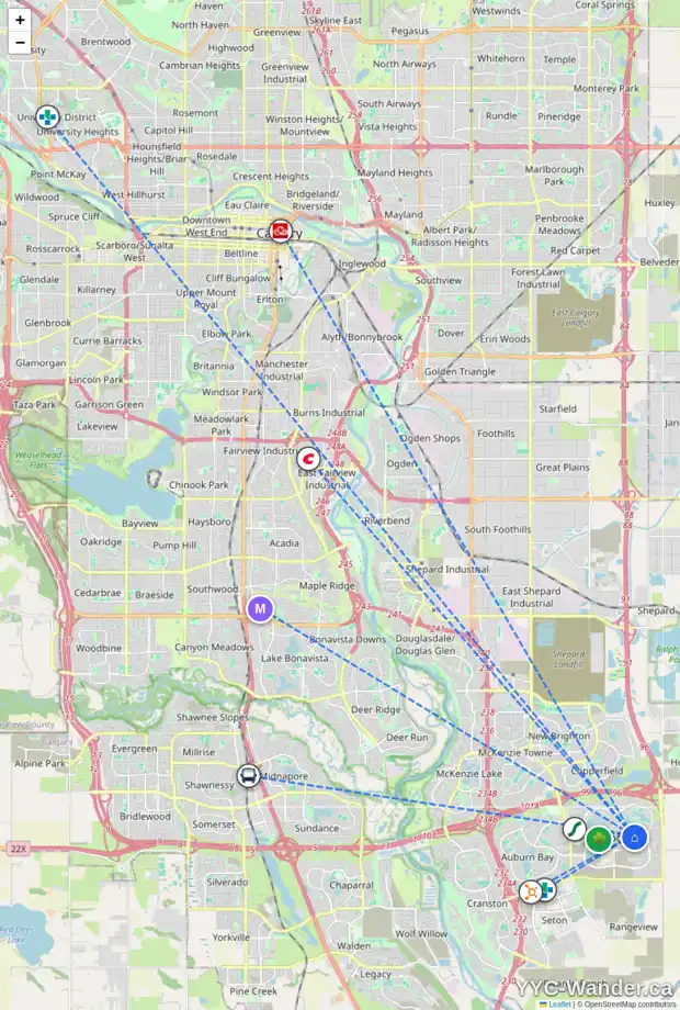 Daily accessibility map for 208 MASTERS AV SE, Calgary showing nearby schools, grocery stores, parks, LRT stations and nearby amenities
