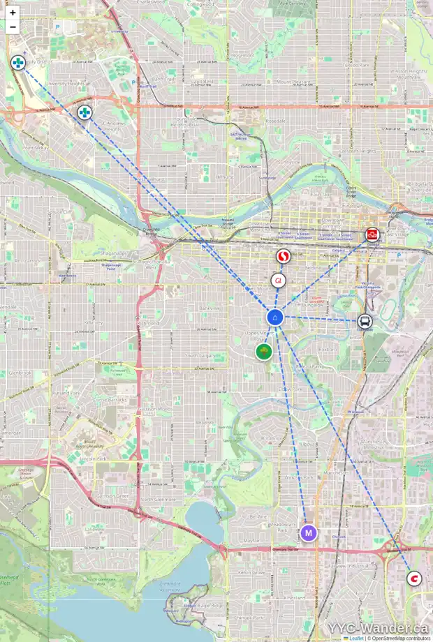Daily accessibility map for 920 PROSPECT AV SW, Calgary showing nearby schools, grocery stores, parks, LRT stations and nearby amenities