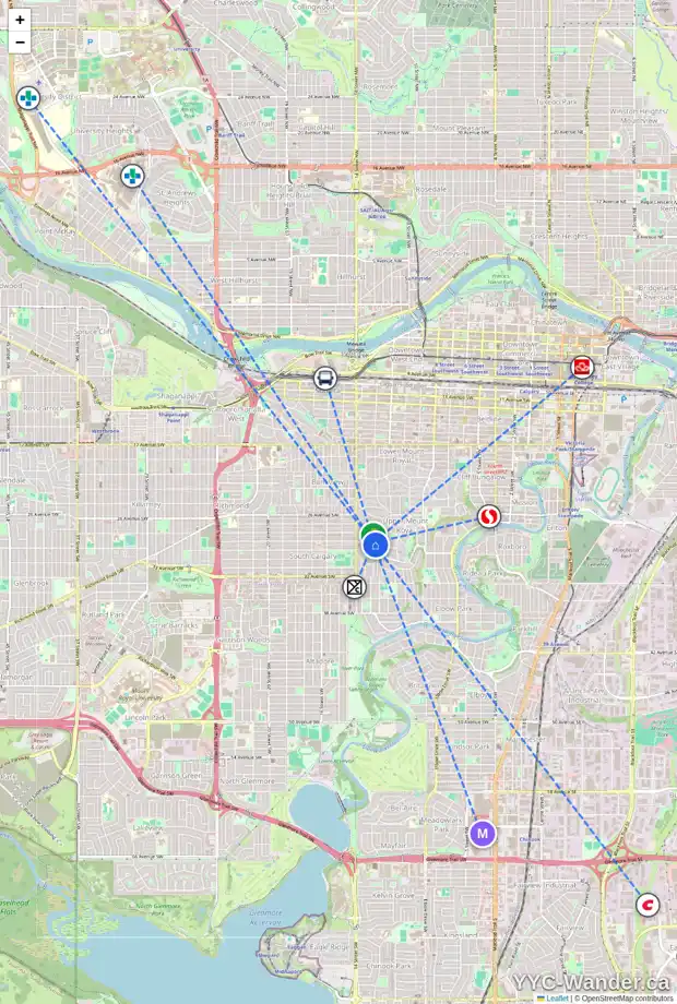 Daily accessibility map for 1311 CABOT ST SW, Calgary showing nearby schools, grocery stores, parks, LRT stations and nearby amenities