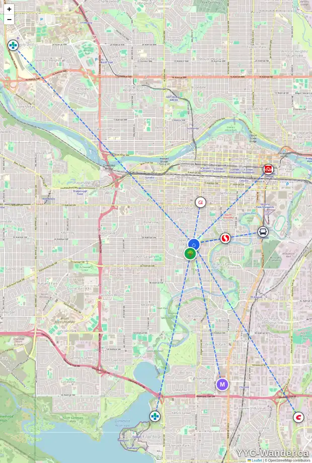 Daily accessibility map for 1007 FRONTENAC AV SW, Calgary showing nearby schools, grocery stores, parks, LRT stations and nearby amenities