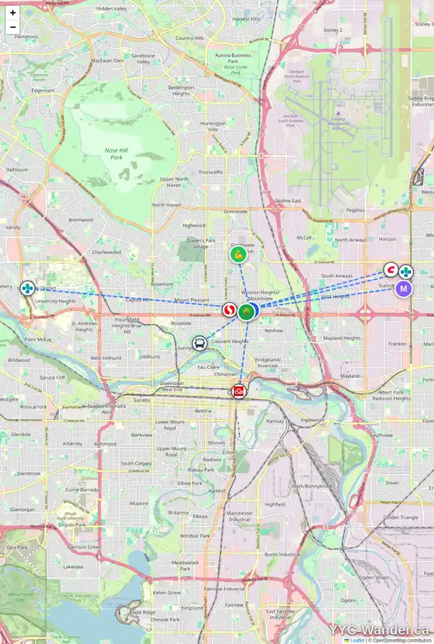 Daily accessibility map for 503 18 AV NE, Calgary showing nearby schools, grocery stores, parks, LRT stations and nearby amenities