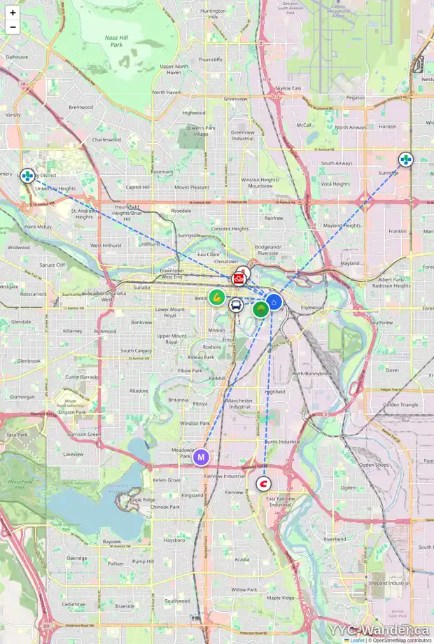 Daily accessibility map for 803 11 AV SE, Calgary showing nearby schools, grocery stores, parks, LRT stations and nearby amenities