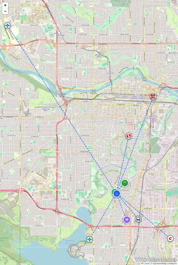 Daily accessibility map for 727 51 AV SW, Calgary showing nearby schools, grocery stores, parks, LRT stations and nearby amenities