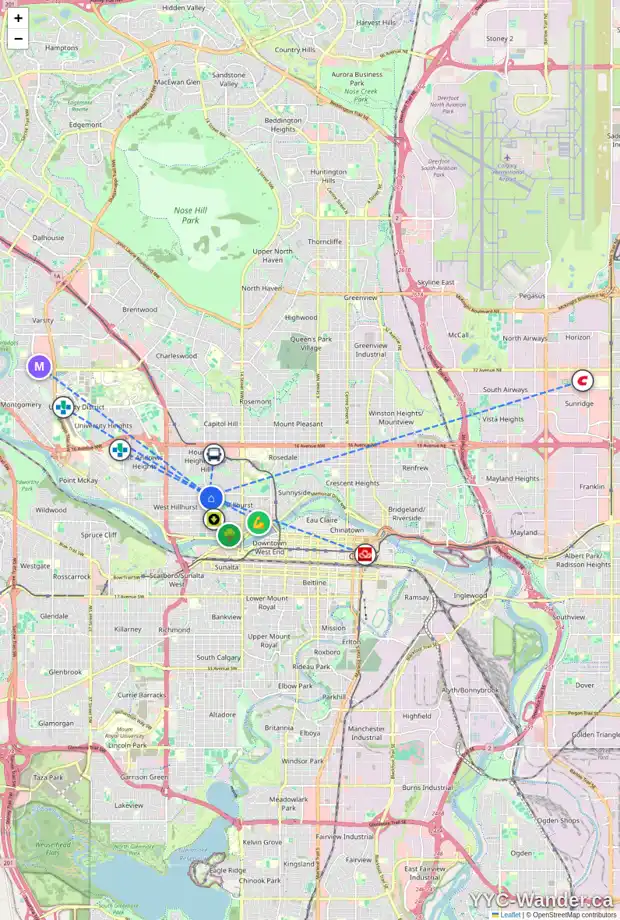 Daily accessibility map for 525 18A ST NW, Calgary showing nearby schools, grocery stores, parks, LRT stations and nearby amenities