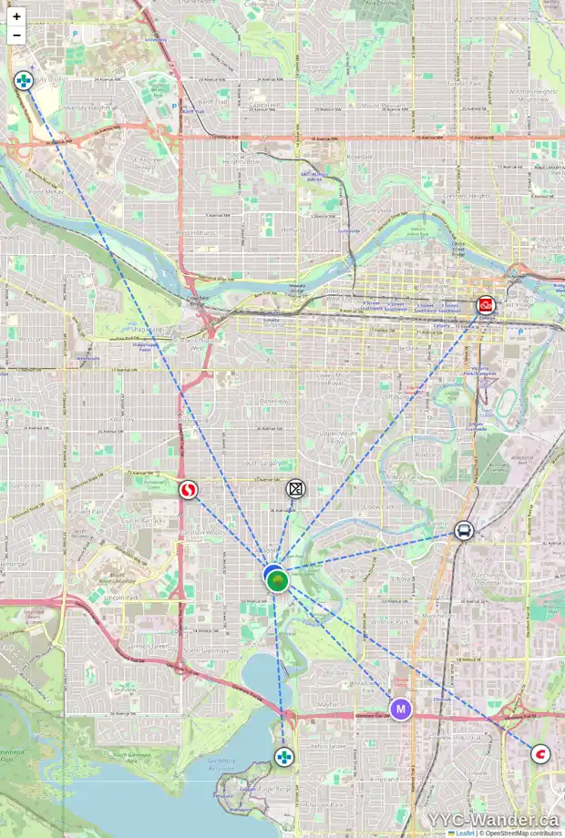 Daily accessibility map for 1639 ALTADORE AV SW, Calgary showing nearby schools, grocery stores, parks, LRT stations and nearby amenities
