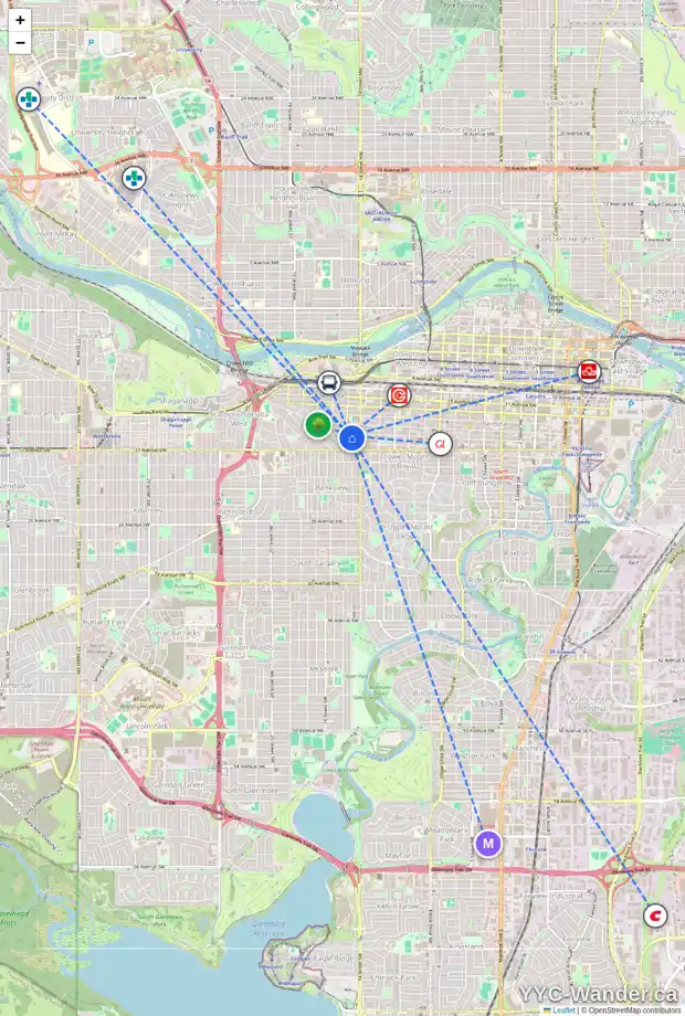 Daily accessibility map for 1529 15 AV SW, Calgary showing nearby schools, grocery stores, parks, LRT stations and nearby amenities