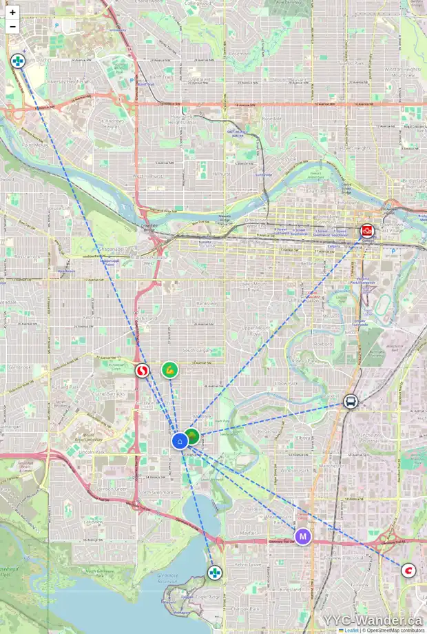 Daily accessibility map for 2009 47 AV SW, Calgary showing nearby schools, grocery stores, parks, LRT stations and nearby amenities