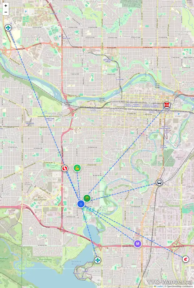 Daily accessibility map for 2018 49 AV SW, Calgary showing nearby schools, grocery stores, parks, LRT stations and nearby amenities