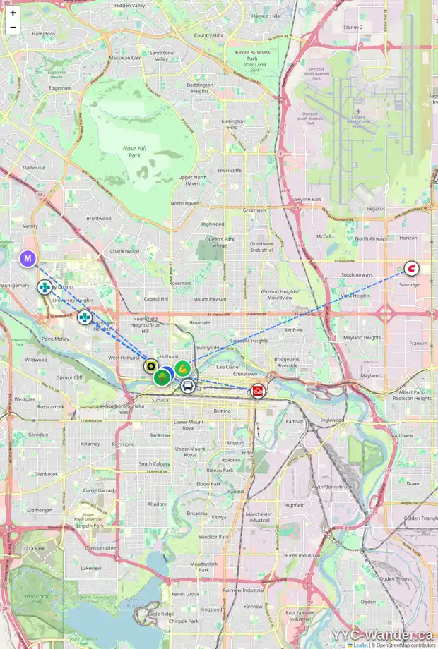 Daily accessibility map for 1647 BOWNESS RD NW, Calgary showing nearby schools, grocery stores, parks, LRT stations and nearby amenities