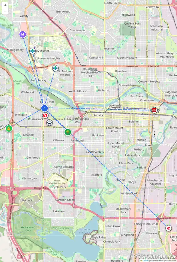 Daily accessibility map for 616 37 ST SW, Calgary showing nearby schools, grocery stores, parks, LRT stations and nearby amenities