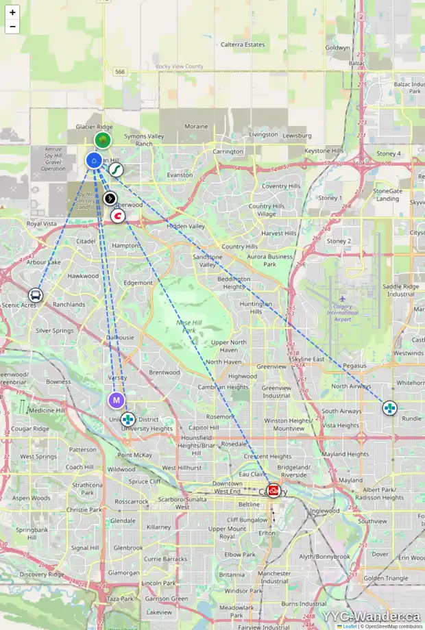 Daily accessibility map for 657 NOLAN HILL BV NW, Calgary showing nearby schools, grocery stores, parks, LRT stations and nearby amenities