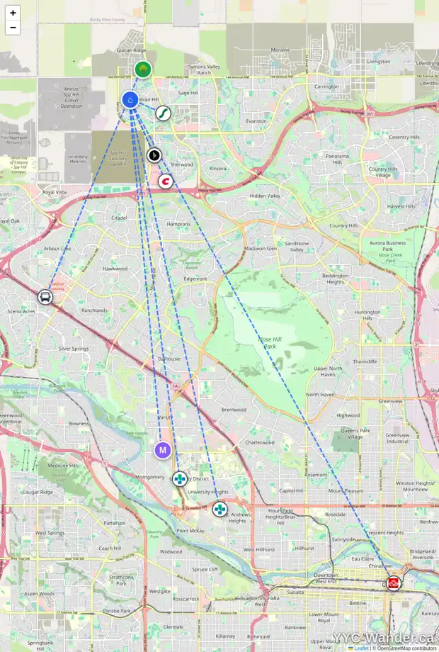 Daily accessibility map for 649 NOLAN HILL BV NW, Calgary showing nearby schools, grocery stores, parks, LRT stations and nearby amenities