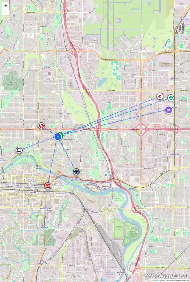 Daily accessibility map for 532 13 AV NE, Calgary showing nearby schools, grocery stores, parks, LRT stations and nearby amenities