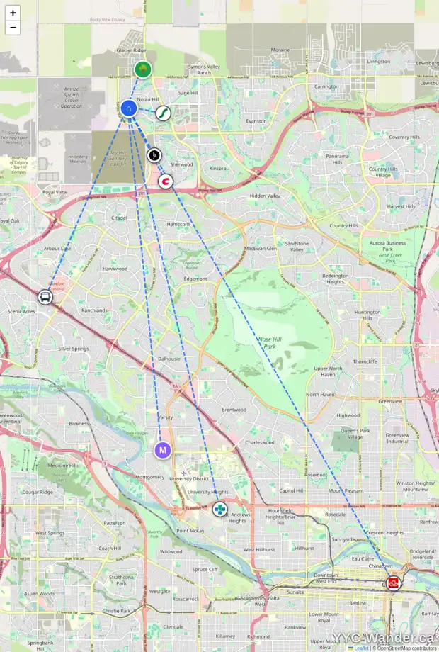 Daily accessibility map for 553 NOLAN HILL BV NW, Calgary showing nearby schools, grocery stores, parks, LRT stations and nearby amenities