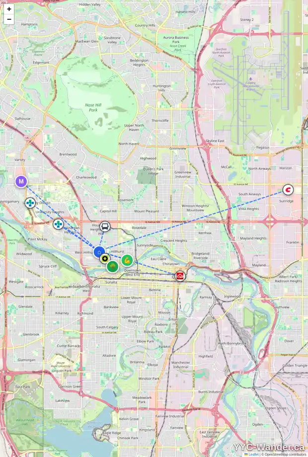 Daily accessibility map for 2028 3 AV NW, Calgary showing nearby schools, grocery stores, parks, LRT stations and nearby amenities