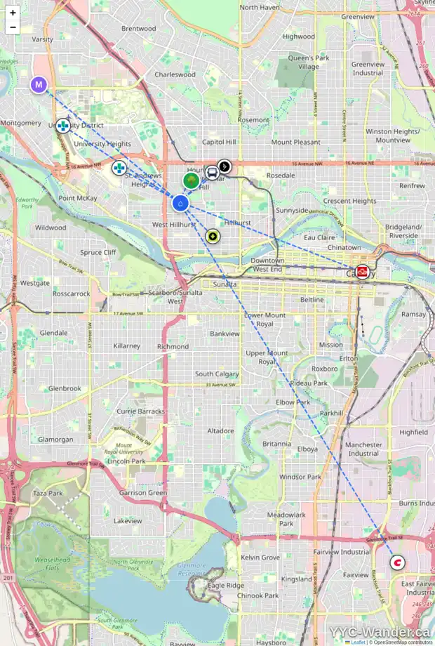 Daily accessibility map for 2312 7 AV NW, Calgary showing nearby schools, grocery stores, parks, LRT stations and nearby amenities