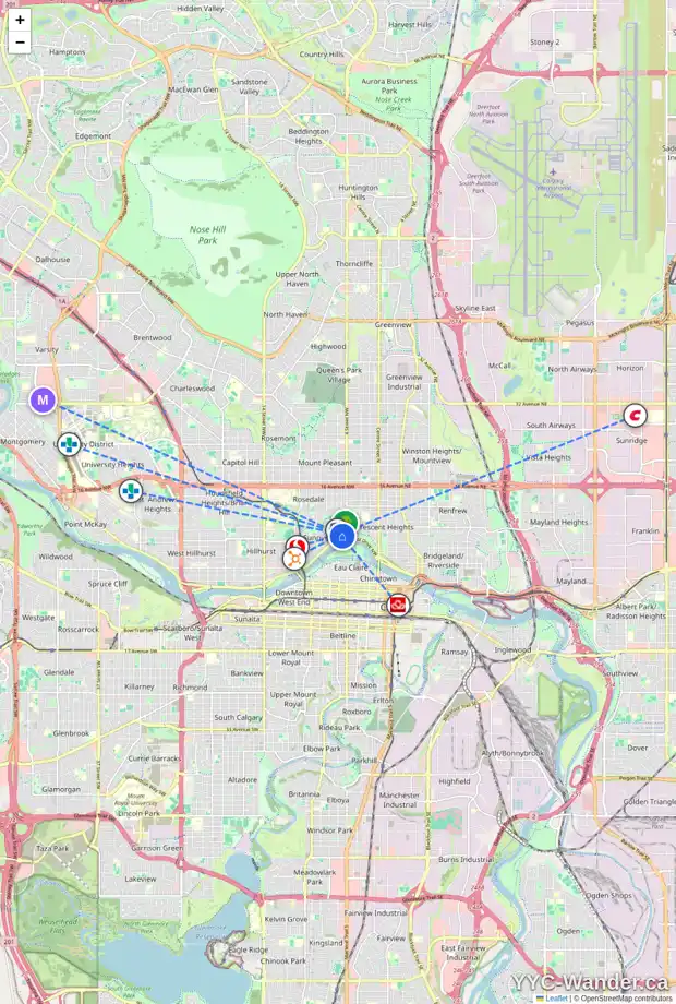 Daily accessibility map for 723 4A ST NW, Calgary showing nearby schools, grocery stores, parks, LRT stations and nearby amenities